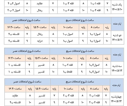 اصلاحيه برنامه امتحانات نيم سال دوم سال تحصيلي 1399-1400 آموزش مجازي و غيرحضوری