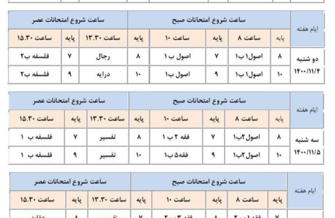 برنامه امتحانات نيم‌سال اول سال تحصيلي 1400-1401 (بهمن ماه 1400)