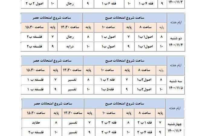  برنامه امتحانات نیمسال اول طلاب غیر حضوری (بهمن ماه 1400)